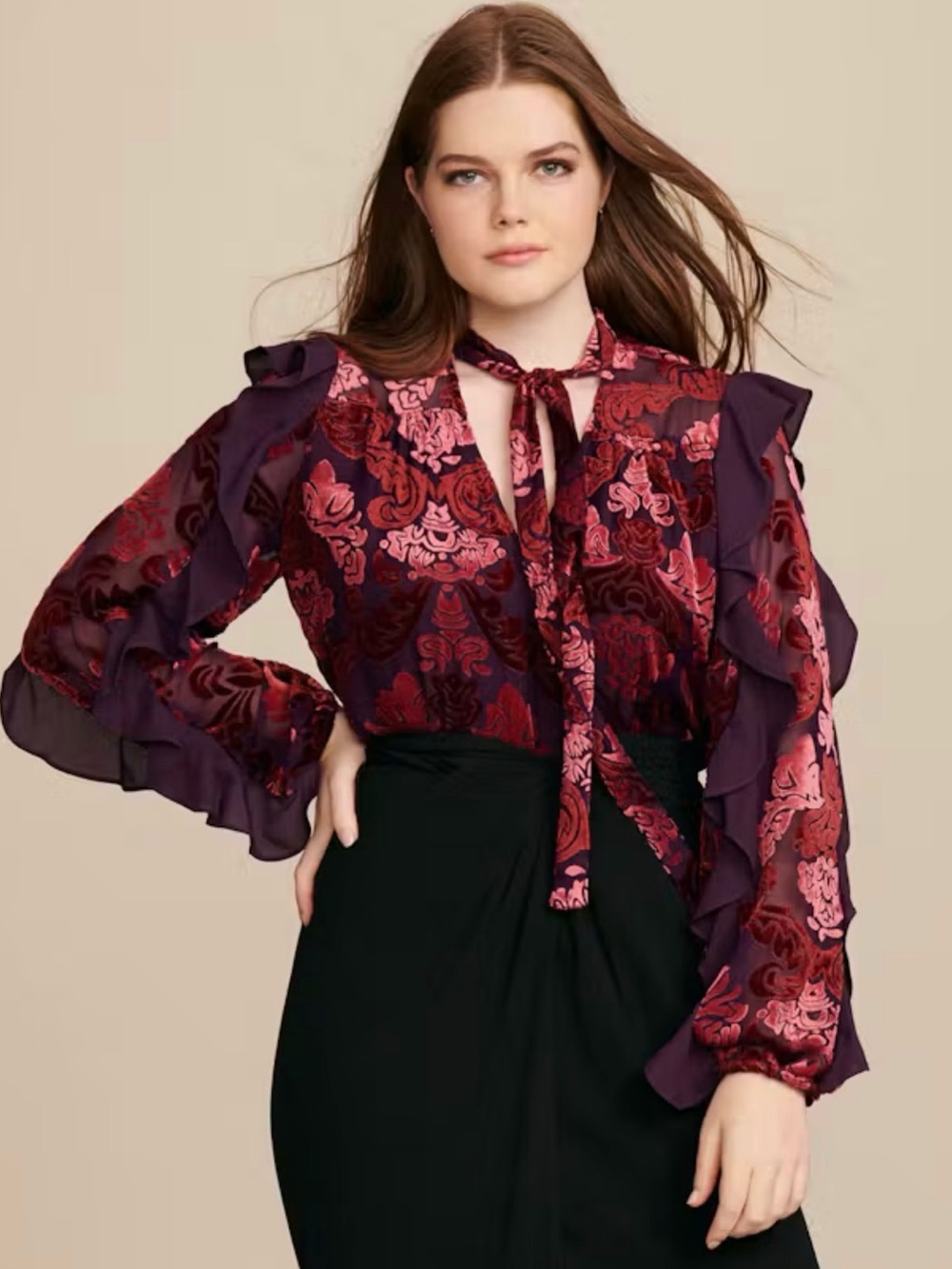 Monique Lhullier Floral Tie-Neck Ruffled Blouse - Purple/Pink